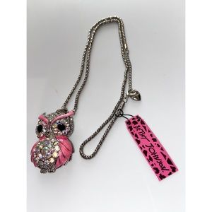 Betsey Johnson Pink Enamel & Diamond White Crystal Owl Pendant Necklace